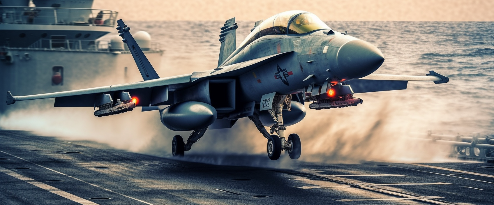 Navy jet landing on an aircraft carrier