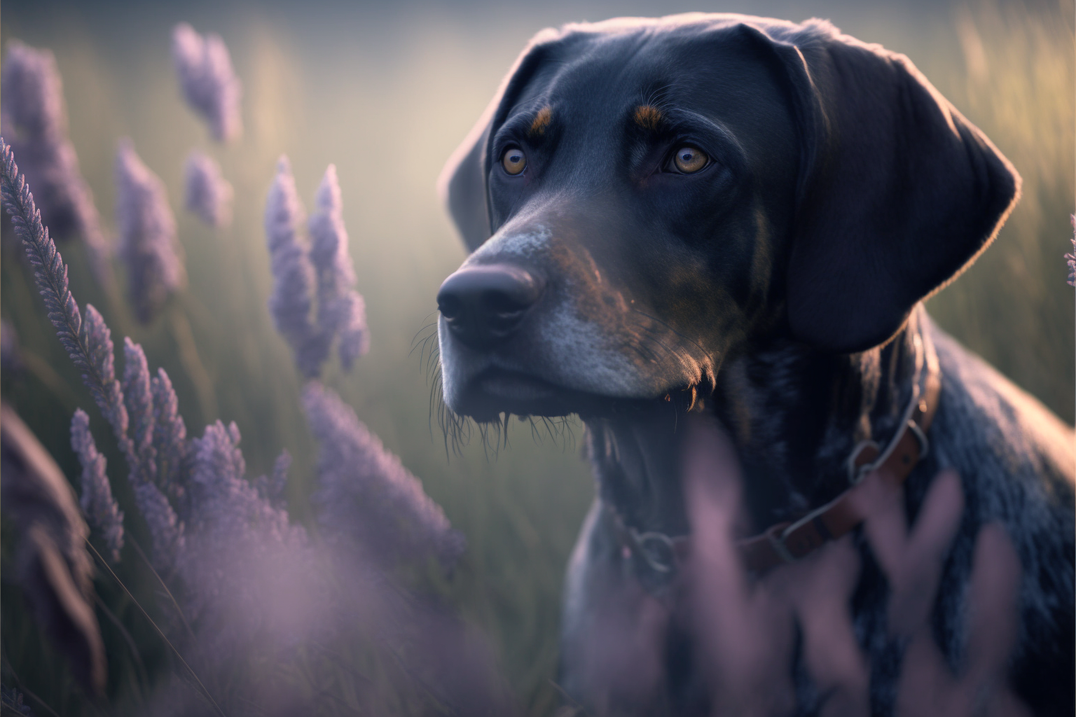 Blue tick hound dog in the lavender