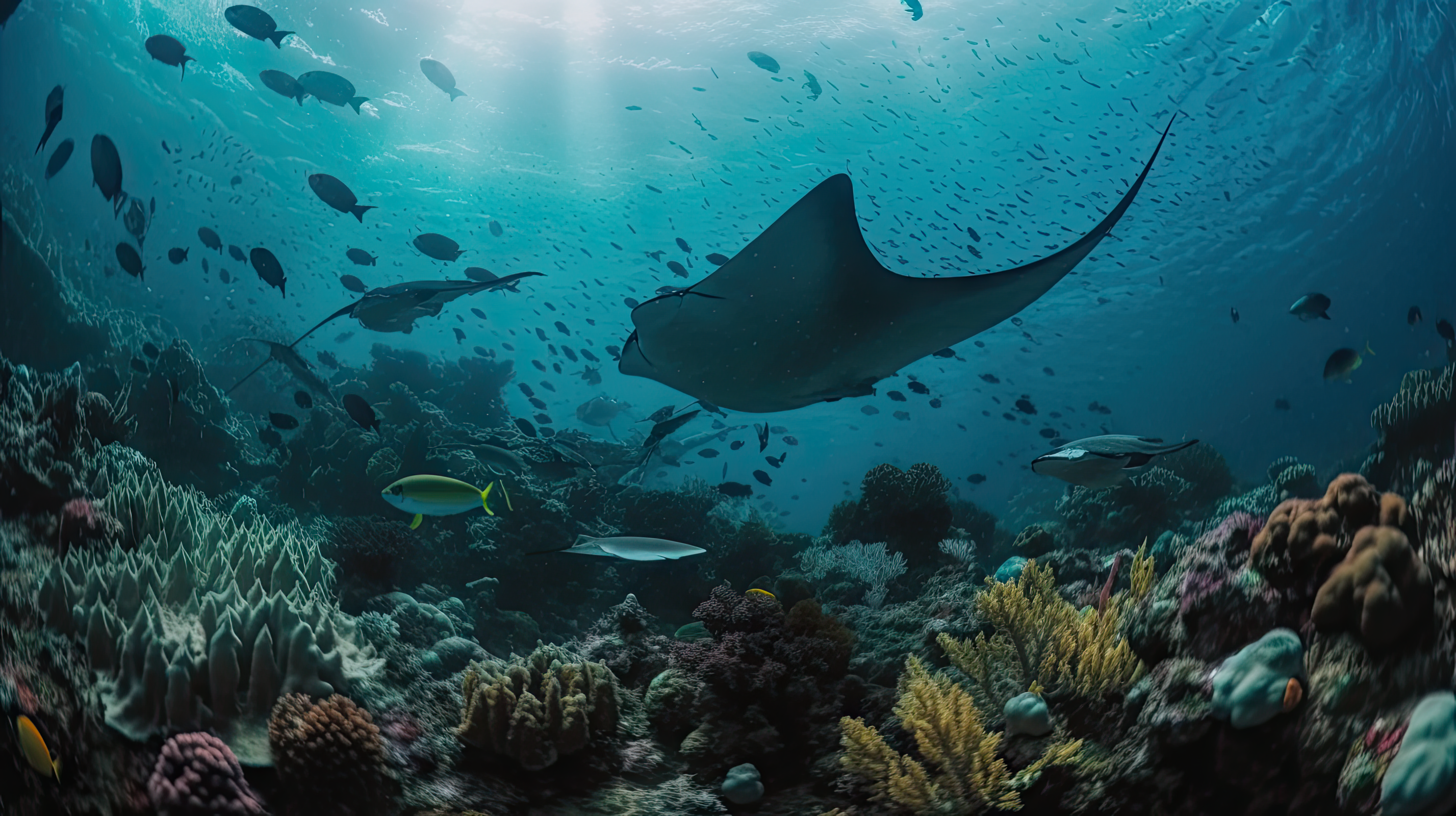 Manta Ray swimming near coral